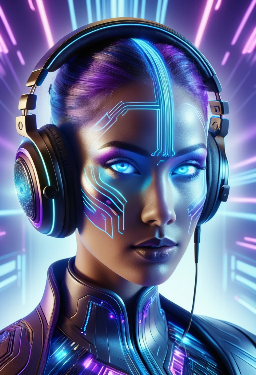 A highly detailed and vibrant image of a futuristic female DJ with headphones. The DJ's face is serene, with a mix of human and ethereal elements, glowing in shades of blue and purple. The background should be transparent, focusing solely on the DJ.
