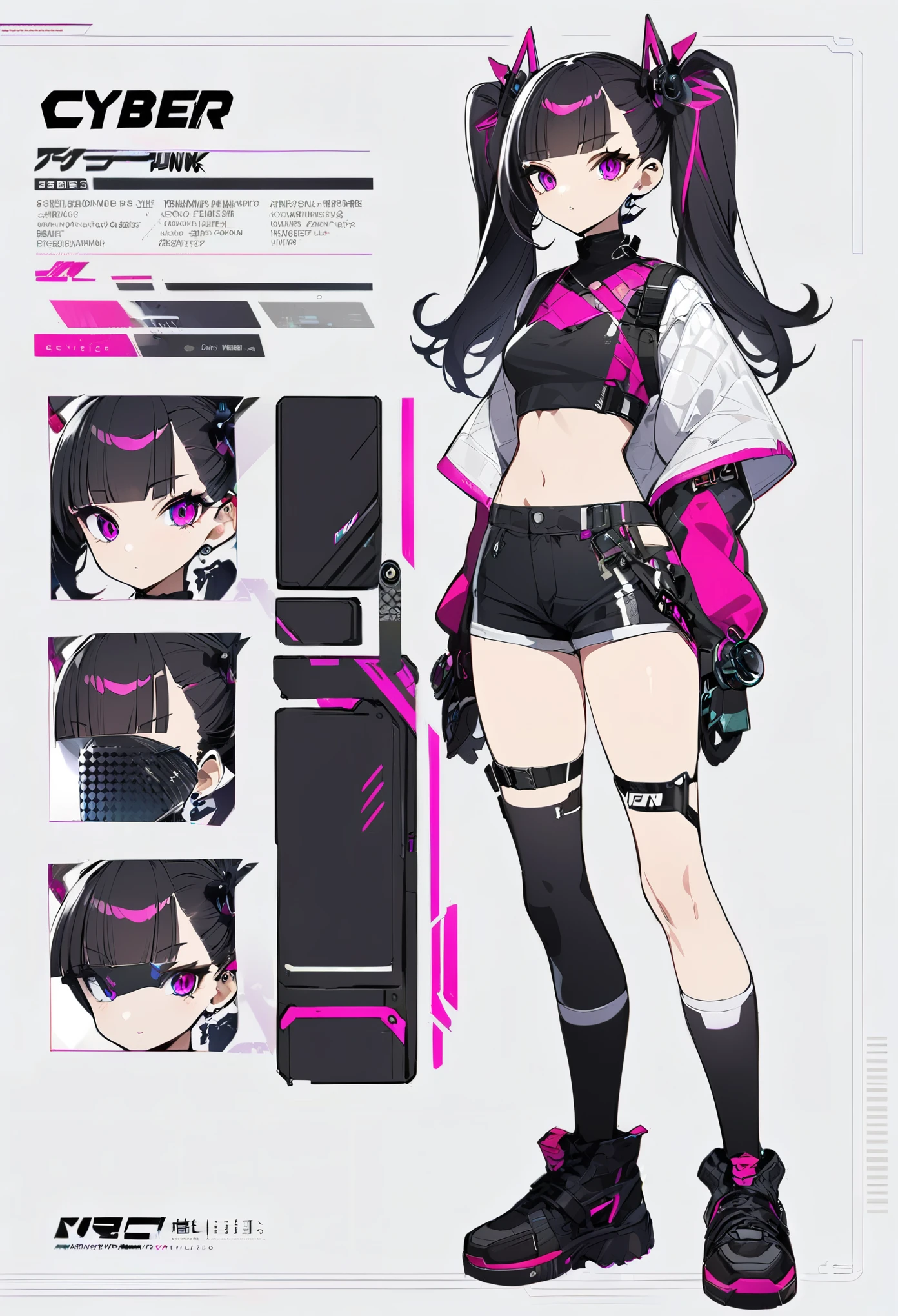 cyber punk、Messi-colored twin tails、blunt bangs、Hair between the eyebrows、Shorts、Virtual Character Design,Concept character sheet, face, Modern design, 1 female,Sexy concept, 