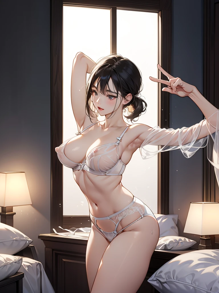 cosmetic, mascara, Soft or colored lips, Room Background, The Minimalists, monotonous, � of调色板, 干净of, Sharp Project, fluid profile, Scantily clad,  ((Transparent revealing sexy lingerie:1.5)),  ((Transparent three-point sexy underwear:1.5)), ((Clear nipples)) , ((Nipple exposure)) 、 ((Exposing breasts)) 、Knead the nipples，Take off your underwear、Tear open the underwear，Open pussy，Show pussy、Spread your thighs，Thighs apart，Exposure。不对称of, 几何of,, � of剪影, 性感of, The Minimalists, 暗示性of, Fresh Room Printing, 害羞of表情, � , 独自of, 1 girl, 丰满of, 伟大of巴巴节, Big breasts and thin waist, 出汗of, National Foundation, of, , , 湿漉漉of小, 年轻of外表, 害羞of, tie hair, Scantily clad pequena molhada transparente, 