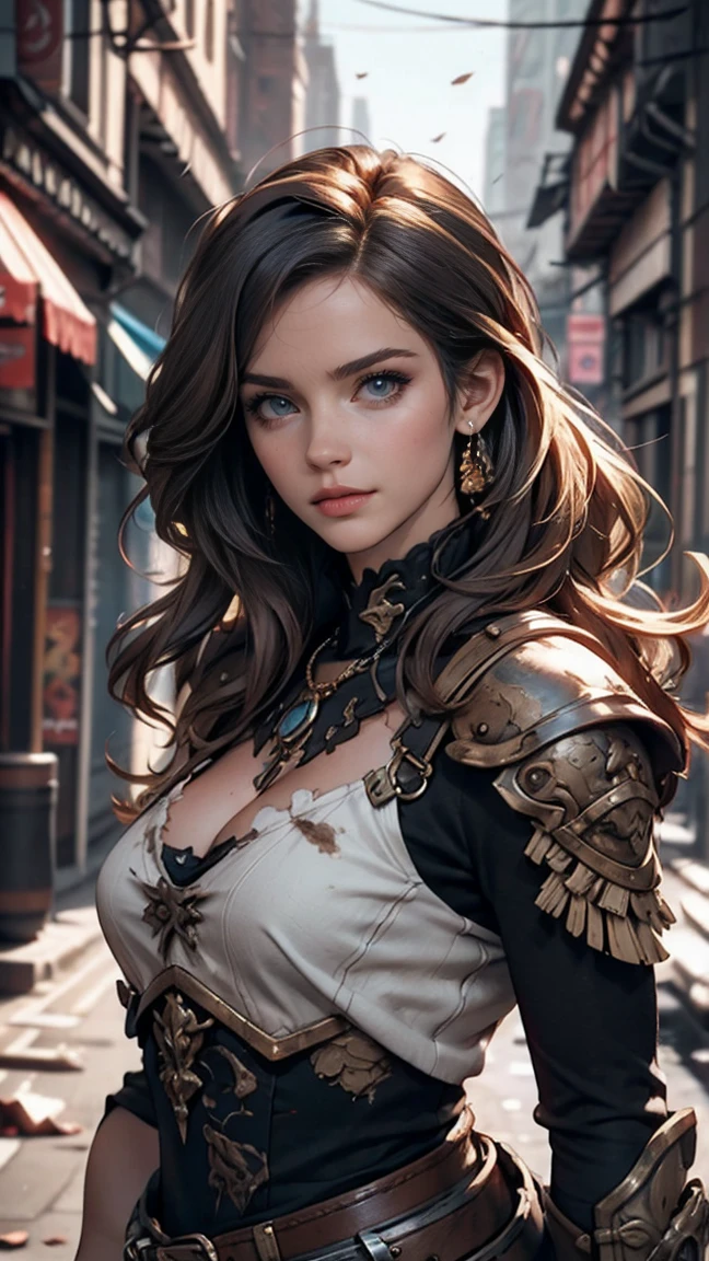 Detailed photo of futuristic beautiful female warrior in dystopian city, Tattered costume with rusted metal armor plates, long wild hair, tattooed arms and body, Fashion pose, blue eyes with round irises, Detailed face, apocalyptic environment, natural body poses, Professional Photographer, Photographed with a professional single-lens reflex camera, professional fantasy artist, Professional Rococo and Baroque Background Artist, professional art station artist
