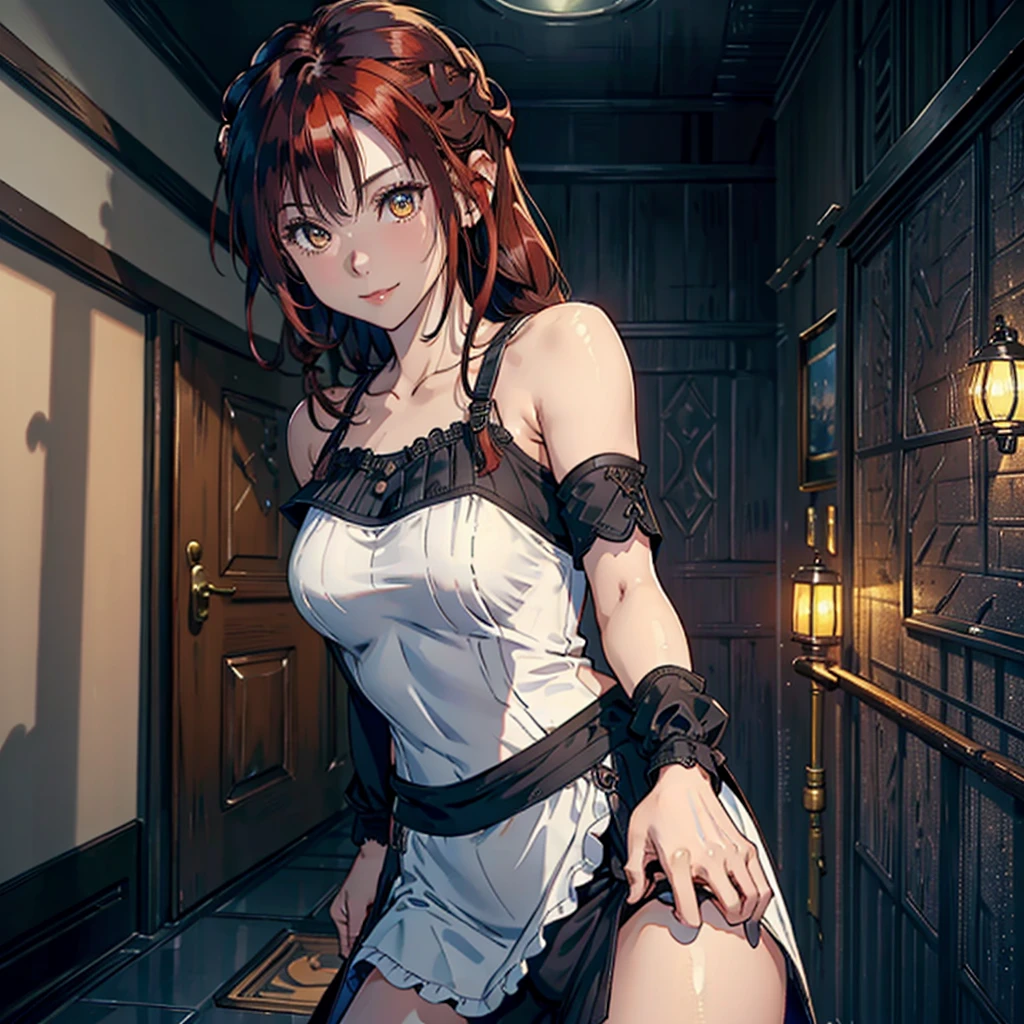 (((A woman))), (natural redhead), honey yellow eyes, by the wide, ((small braids)), bright smile, detailed eyes, chest a little big, detailed body, beautiful body, detailed clothing, black jumpsuit skirt, a white blouse, head on, hands back leaning forward, flirtatious look, standing at the entrance of a house with the door open, Whole body, 4k, HD, Super detailed, masterpiece, The best, Shadows, Lights, hunting, varied color palette.
