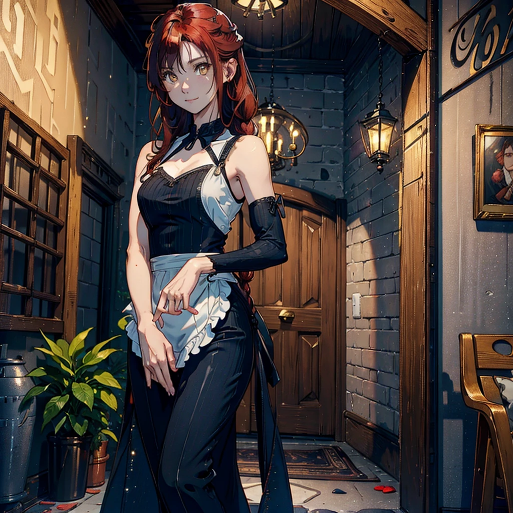(((A woman))), (natural redhead), honey yellow eyes, by the wide, ((small braids)), bright smile, detailed eyes, chest a little big, detailed body, beautiful body, detailed clothing, black jumpsuit skirt, a white blouse, head on, hands back leaning forward, flirtatious look, standing at the entrance of a house with the door open, Whole body, 4k, HD, Super detailed, masterpiece, The best, Shadows, Lights, hunting, varied color palette.