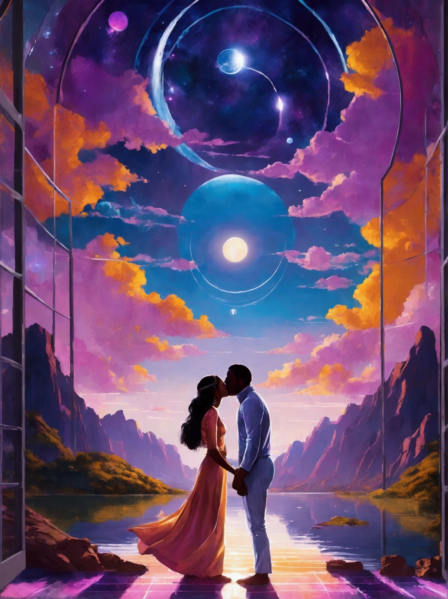 Imagine a vibrant future world, a scene filled with isoteric elements and multihued neons primarily in shades of purple and blue. Here, mountains and a tranquil lake dot the panorama. The sky's dome, vast and mysterious, hosts various planets, and radiant, ethereal sunbeams peek through the cosmic assembly. Amidst all this grandeur stands a couple engaged in a tender kiss. The lovers, a South Asian woman and a Black man, are a testament to the undying human emotion in this out-of-the-world setting. It's surreal, it's futuristic, and it's breathtakingly beautiful.
