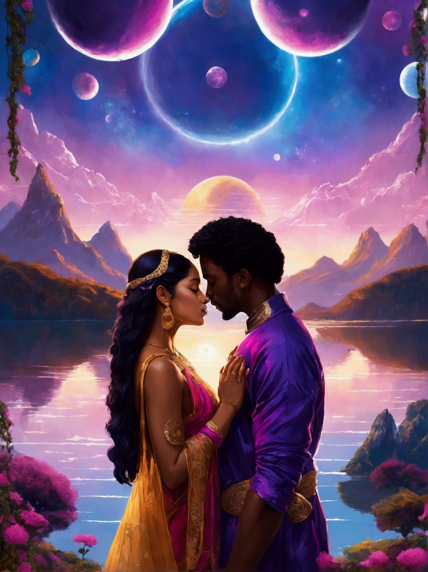 Imagine a vibrant future world, a scene filled with isoteric elements and multihued neons primarily in shades of purple and blue. Here, mountains and a tranquil lake dot the panorama. The sky's dome, vast and mysterious, hosts various planets, and radiant, ethereal sunbeams peek through the cosmic assembly. Amidst all this grandeur stands a couple engaged in a tender kiss. The lovers, a South Asian woman and a Black man, are a testament to the undying human emotion in this out-of-the-world setting. It's surreal, it's futuristic, and it's breathtakingly beautiful.