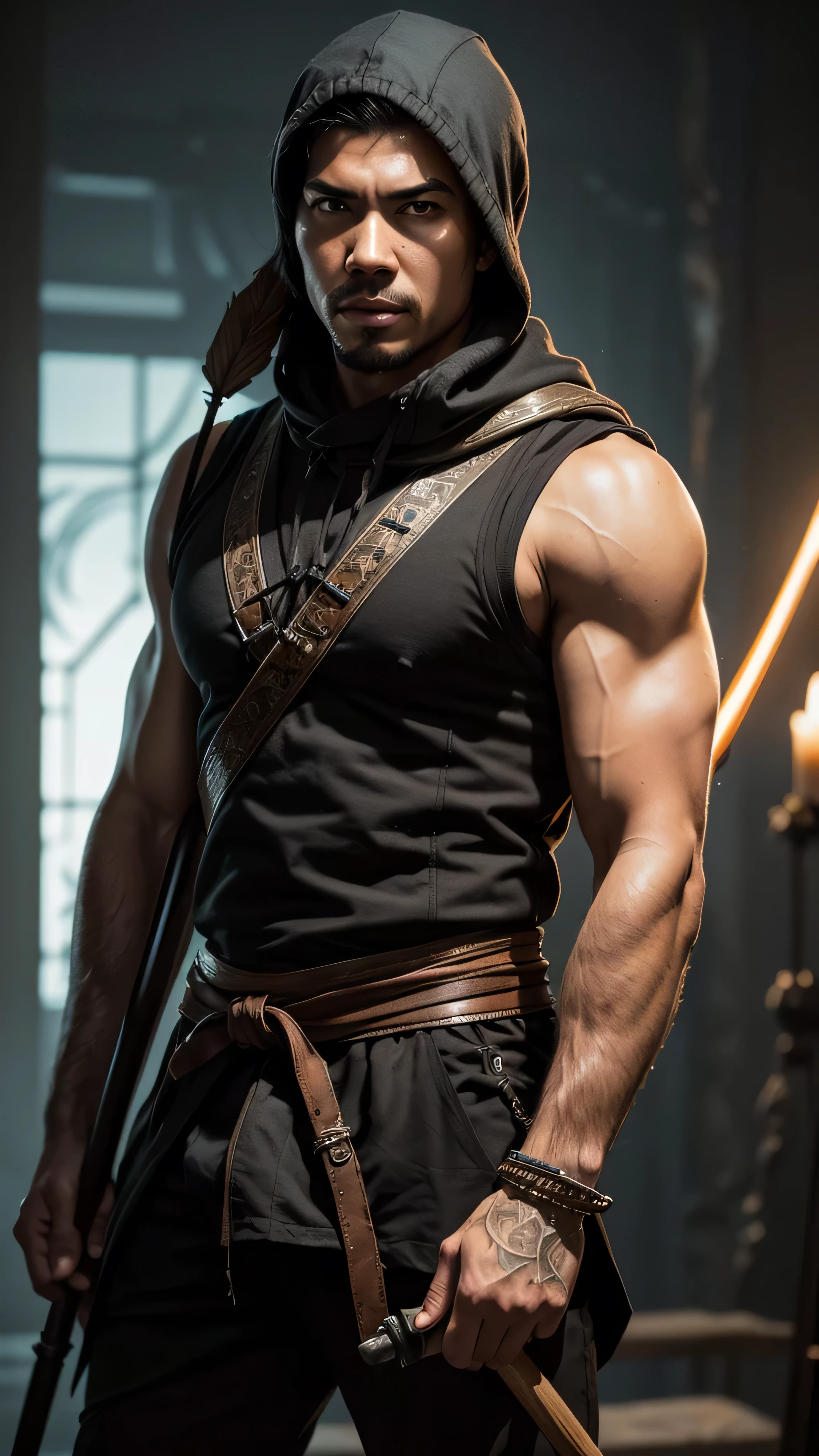 (Lewis Tan) as Kung Jin from Mortal Kombat, black long ponytail, dark brown traditional martial arts sleeveless vest, dark brown traditional martial arts pants, dark brown loincloth, hoding (bow), (arrows), (bronze helmet), (insanely detailed, beautiful detailed face, masterpiece, best quality), cinematic lighting, 1man, solo, full body view, front view, looking at viewer, intricate, high detail, sharp focus, dramatic, photorealistic painting art by greg rutkowski