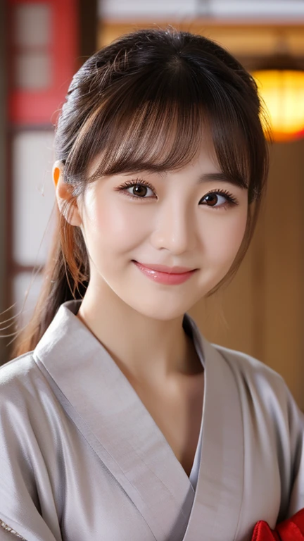 UHD, Extreme close-up of cute Korean female,Chest size 32 inches, ponytail, gray eyes, slightly smile, wearing silver and gold kimono standalone in Japanese temple, blurred background