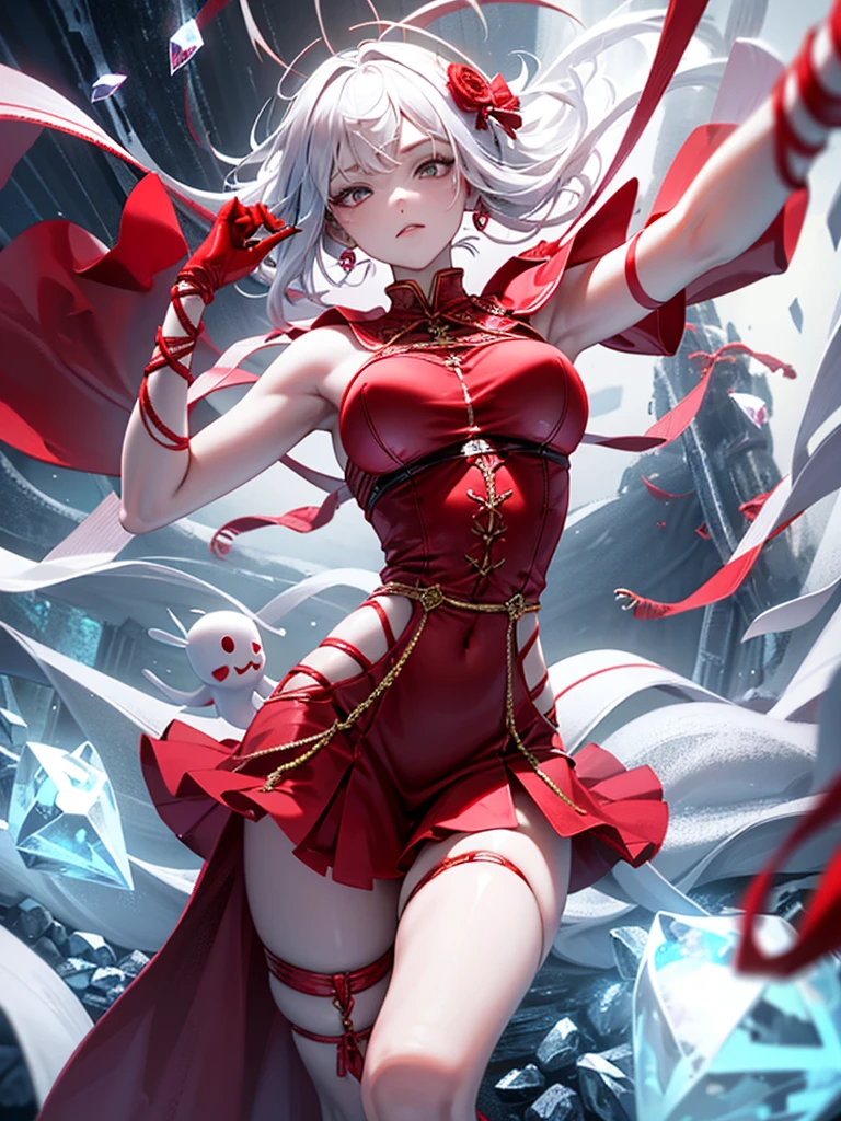 dancer, red dresses doll, showing off, masterpieces, HD, 16K, white hair, white eyes, red rope, scale up, perfect body shape, ghost, spirit, cute, spiral, red ribbon, Violence ta, sexy, mind break, dumb, observation, nerd, creative, tips, electric shock, windy, wind effect, crystal, jelly, candy
