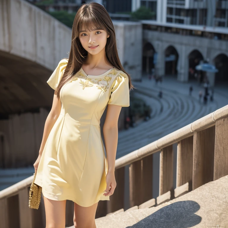 (Calm and gentle look:1.8), (Full Body Shot:1.3), (panorama:1.8), Cinema Lighting, ((Highest quality)), (RAW Photos, Highest quality), ( Realistic:1.4), realism, masterpiece, Very delicate and beautiful, Very detailed, 4K wallpaper, wonderful, finely, Very detailed CG unity 8k wallpaper, Very detailed, High resolution, Soft Light, Japanese, (one shot:1.9), (22 years old:1.6), (Round face:1.2), (Fat:0.8), (A neat and clean woman:1.5), Beautiful detailed woman,Famous Japanese actresses, Detailed face, finelyて美しい目, Very detailedな目と顔, Beautiful eyes and a beautifully detailed nose, Ultra HD glossy lips, (Straight Hair:1.4), Shiny Hair, Shiny Hair, Brown Hair, (bangs:1.4), Long, slender legs, Toned body, (Smiling:1.4), Natural Makeup, (LET IT PASS, Light Yellow, Short sleeve dress:1.8), (A very intricate and elaborately decorated dress:1.3), Accentuate your body lines, (pumps:1.2), (Skyscraper district, Posing as a model while climbing stairs in the city:1.5),