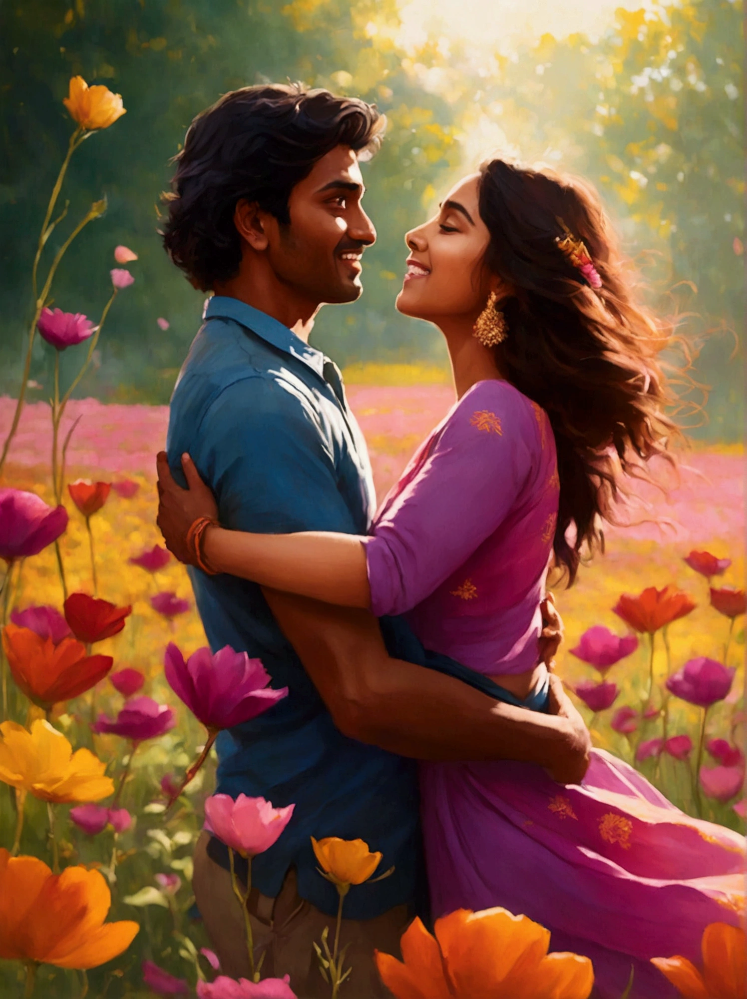 A South Asian man lifting a Caucasian woman into the air amidst a flower field alive with vibrant hues. Their facial expressions radiating love and joy, painted with warm, sun-kissed colors. Their playful and romantic interaction seems frozen in time, appearing all the more enchanting as if captured through the lens of a vintage film camera. A bokeh effect accentuates the couple whilst imbuing the scene with a dreamlike atmosphere. This romantic image is full of charm and exudes tranquility.