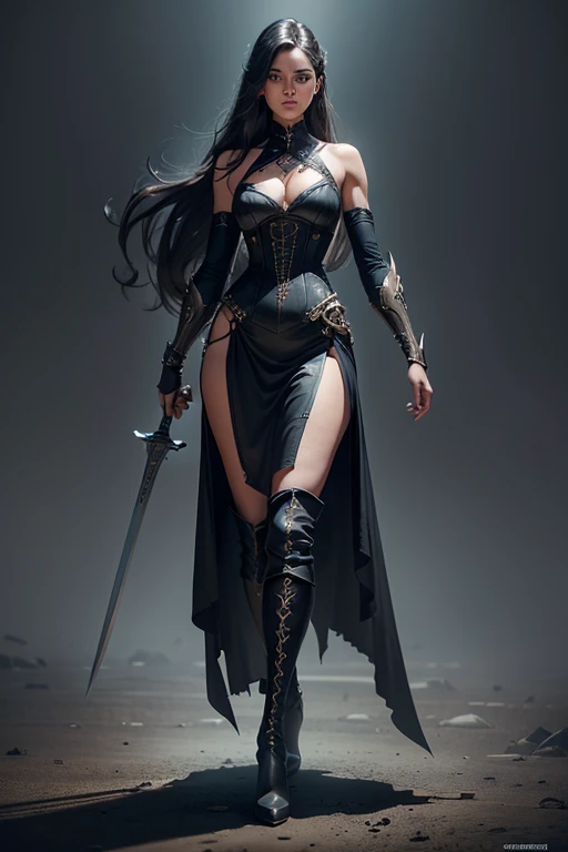 Create an image of a beautiful, human-like woman with a sleek, sexy, and elongated form. She has smooth, long hair that flows backward. Her outfit is a combination of a corset-like top and a high-waisted skirt with torn elements around the waist, paired with tall, thigh-high boots. She is standing upright, exuding confidence and strength. Her arms are adorned with mechanical elements, and one hand holds a large, sharp sword. The scene is set in a dark, moody environment with subtle lighting highlighting her figure, enhancing the overall dramatic and powerful aesthetic.