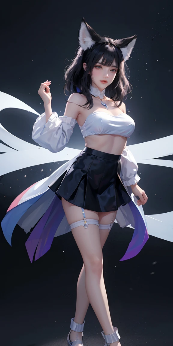 (Highest quality、 8k 、masterpiece、High resolution)、Full Body Shot、24 year old girl、Idol、Cute smile、Pretty lips、Adorable eyes、stands with a happy 、Outdoor , Big breast, Costume League of Legends, Fox, KDA Fox, black Hair, Fox Ears, Fox Tail, Blue Coat, White Top, Black Skirt, Lase