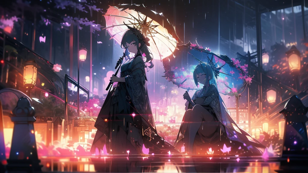 (Extremely detailed CG unity 8k wallpaper), Beautiful young woman in the rain, skirt, sit, Cemetery with lanterns, Style Empire, (Style - Glass), (((Surrealism))), full_Body_ dramatic, Backlight, Light, Volumetric Lighting, Delicate face, Very detailed,