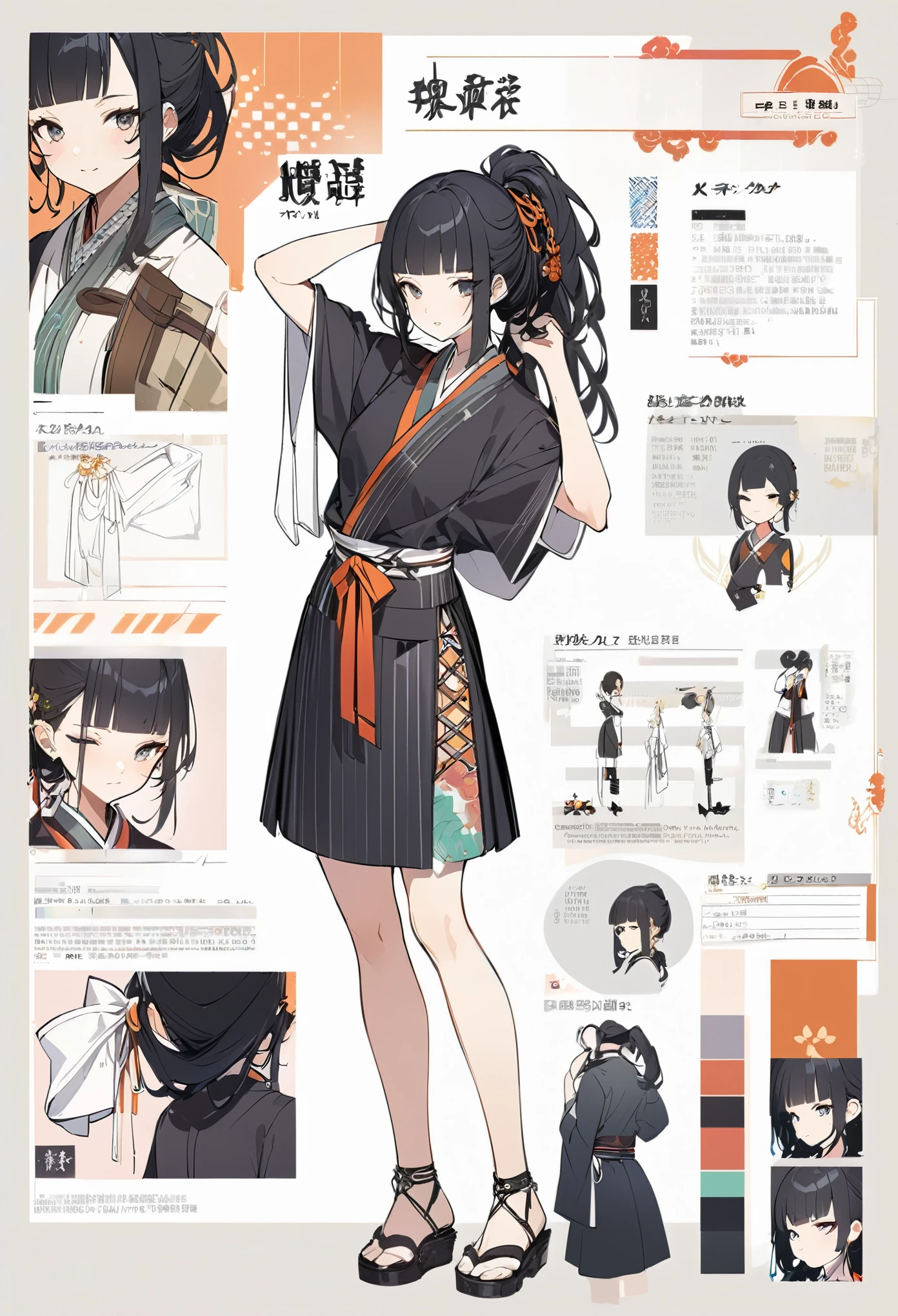 kimono、Virtual Character Design,Black Hair、blunt bangs、Tying up hair、Concept character sheet, face, Modern design, 1 female,Sexy concept,