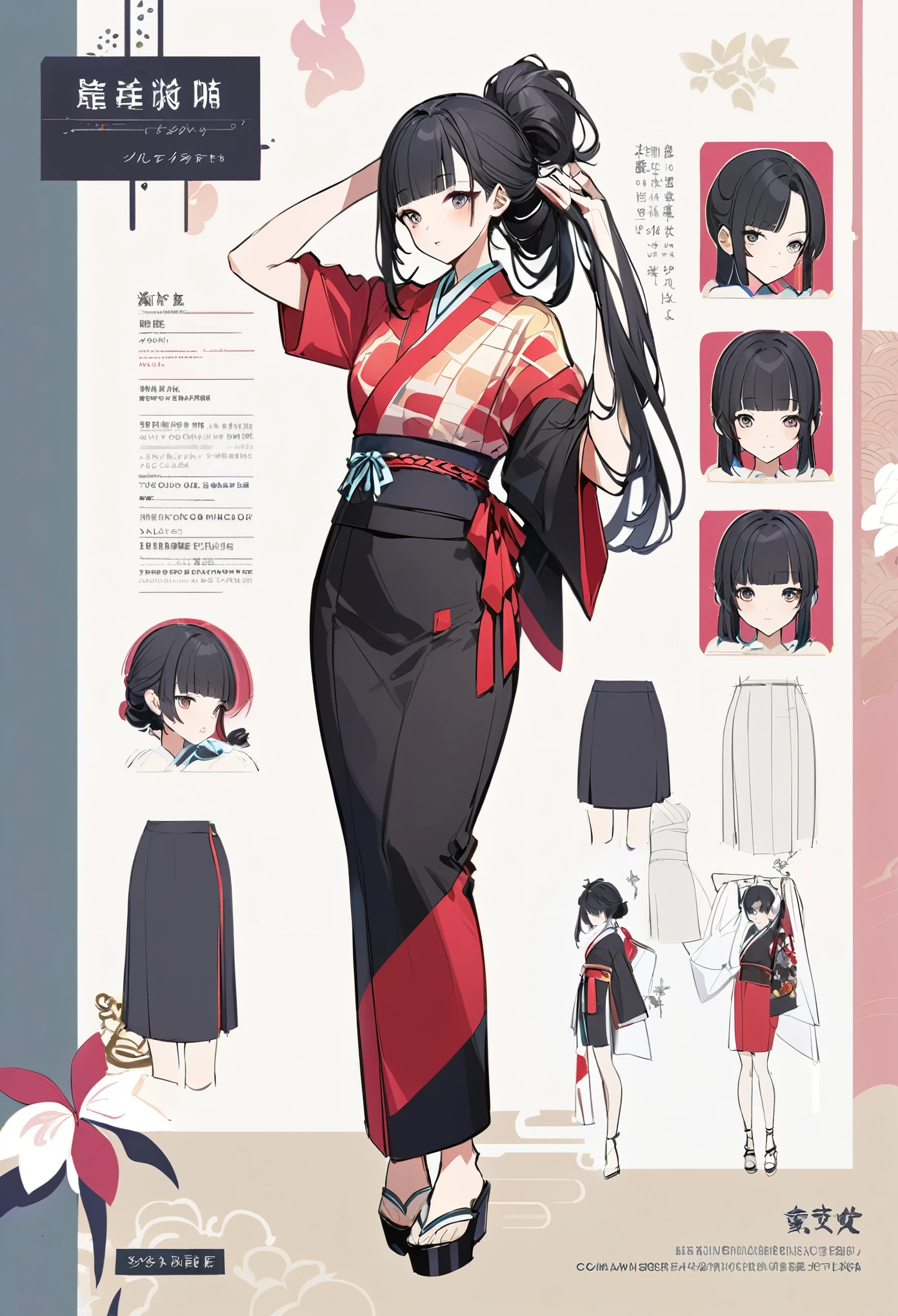 kimono、Virtual Character Design,Black Hair、blunt bangs、Tying up hair、Concept character sheet, face, Modern design, 1 female,Sexy concept, 