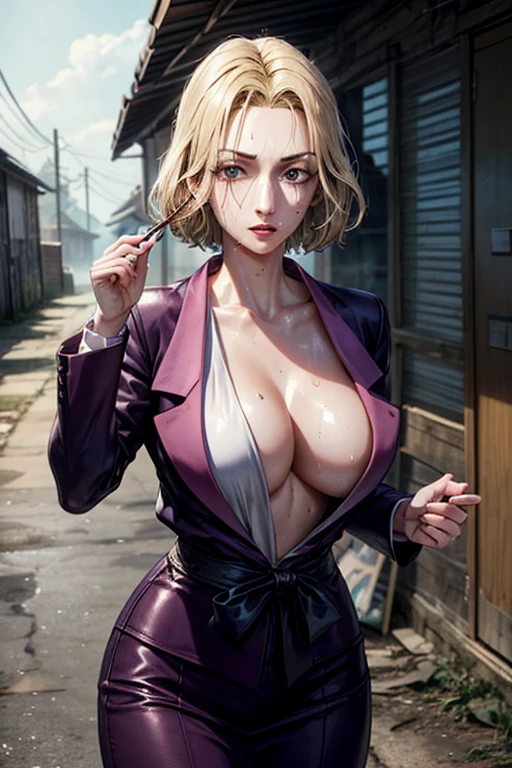 masterpiece, Highest quality, Unreal Engine, Super Resolution, Very detailed,
Beautiful woman, pakuwz, blonde hair, red eyes, , short hair, formal, purple jacket, high heels, no bra, purple skirt suit, large breasts,expression, Healthy Body, Beautifully detailed sweat glands, Smooth skin texture, Carefully drawn,
(humidity:1.5), Beautiful Eyes, (Attractive face:1.2), (Beautiful Skin), Tight waist, (Big Breasts), ( sweat), Dynamic pose,
In the world of Hunter Hunter, Outdoor, In the slums,