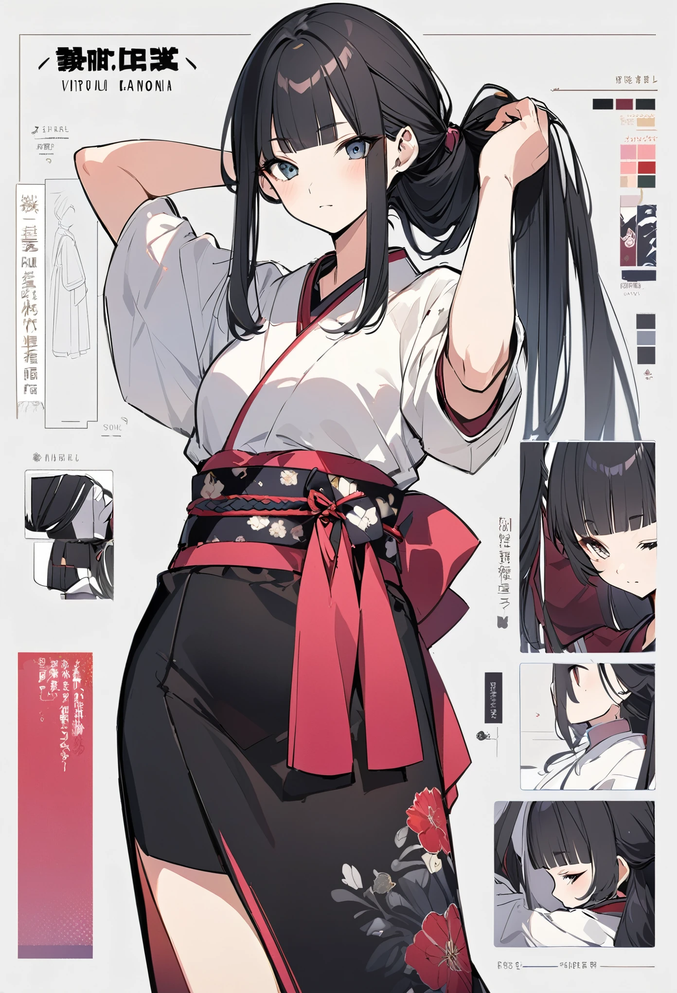 kimono、Virtual Character Design,Black Hair、blunt bangs、Tying up hair、Concept character sheet, face, Modern design, 1 female,Sexy concept, 