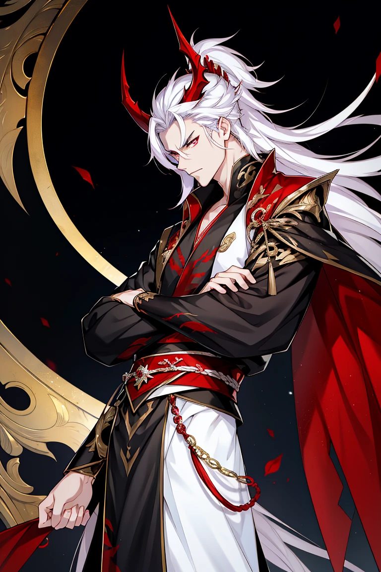 Dragon man, wearing a black Hanfu with red dragon patterns and gold edges highlighting the aura of a leader, long sword, dragon's golden eyes, long white hair, a half-human half-dragon with golden horns, night, dark sky full of purple stars, red moonlight, Asian architecture, best quality, 16k, masterpiece, detailed face drawing, with two arms and two legs, manhua character.