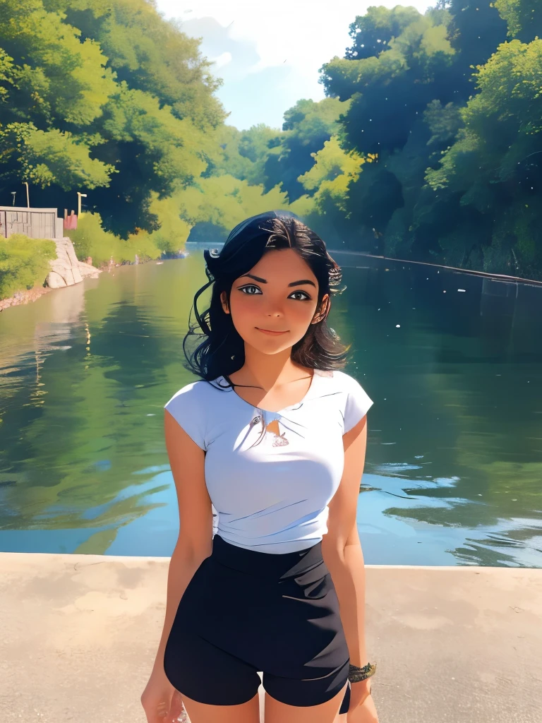 arafed woman standing on a bridge near a body of water, a picture by Glòria Muñoz, tumblr, happening, casual pose, she is about 1 6 years old, wearing a cute top, at the waterside, dressed in a top and shorts, ekaterina, photo of the girl, pose 4 of 1 6, beautiful surroundings