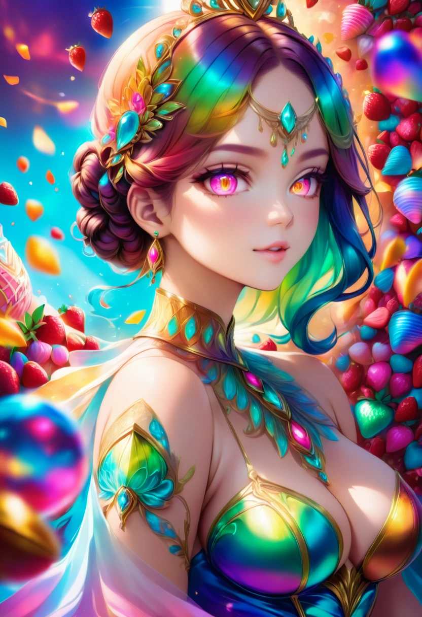 a portrait of  an exotic, elegant beautiful mecha woman eating an epic, (legendary strawberry: 1.3) in cocktail party , ((full body: 1.5)), ((anatomically correct: 1.5)), (ultra detailed face: 1.2), dynamic eye color, glowing eyes, dynamic hair color, dynamic hair style dynamic skin complexion, wearing 1960's glamour intricate dress, high. fashion dress, dynamic color dress , wearing high heels, cocktail party background, vibrant, Ultra-high resolution, High Contrast, (masterpiece:1.5), highest quality, Best aesthetics), best details, best quality, highres, 16k, (ultra detailed: 1.5), masterpiece, best quality, (extremely detailed) RAW, (ultra details, Masterpiece, best quality), Hyperrealism style, MechanicusStyleAI, 