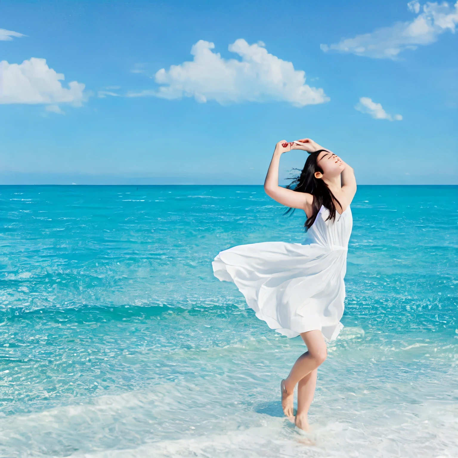 Summer seaside scene photo、One girl, alone、、Beautiful Face、Short Hair、Blowing in the Wind、Wearing a white sleeveless mini dress、Frolic with the waves、Blue sky and white clouds、Beautiful sea、Photorealism、Detailed Description、Artistic photography、(Highest quality, masterpiece, High resolution)、4K、wallpaper、
