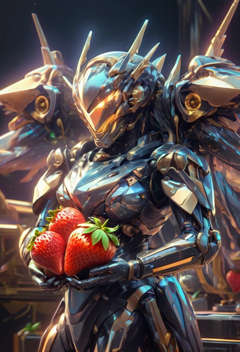 a portrait of  an exotic, elegant beautiful mecha woman eating an epic, (legendary strawberry: 1.3) in cocktail party , ((full body: 1.5)), ((anatomically correct: 1.5)), (ultra detailed face: 1.2), dynamic eye color, glowing eyes, dynamic hair color, dynamic hair style dynamic skin complexion, wearing 1960's glamour intricate dress, high. fashion dress, dynamic color dress , wearing high heels, cocktail party background, vibrant, Ultra-high resolution, High Contrast, (masterpiece:1.5), highest quality, Best aesthetics), best details, best quality, highres, 16k, (ultra detailed: 1.5), masterpiece, best quality, (extremely detailed) RAW, (ultra details, Masterpiece, best quality), Hyperrealism style, MechanicusStyleAI, 