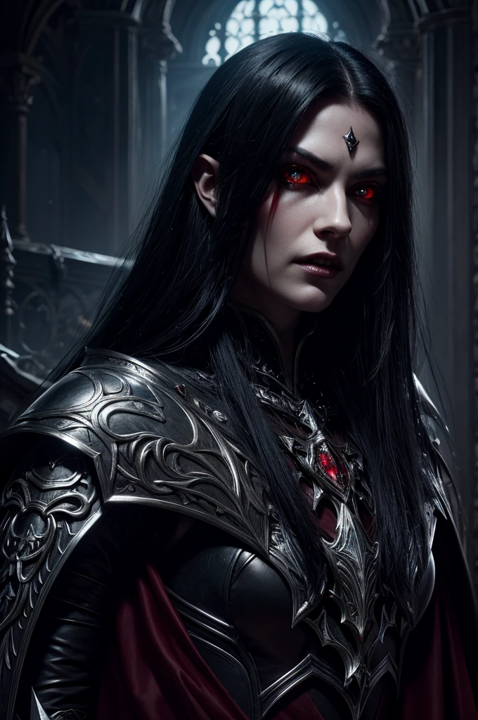 a high fantasy digital painting of an elder vampire, hyper detailed face, piercing red eyes, sharp fangs, long black hair, ornate silver armor, dark gothic cape, dramatic lighting, cinematic composition, epic fantasy, dramatic mood