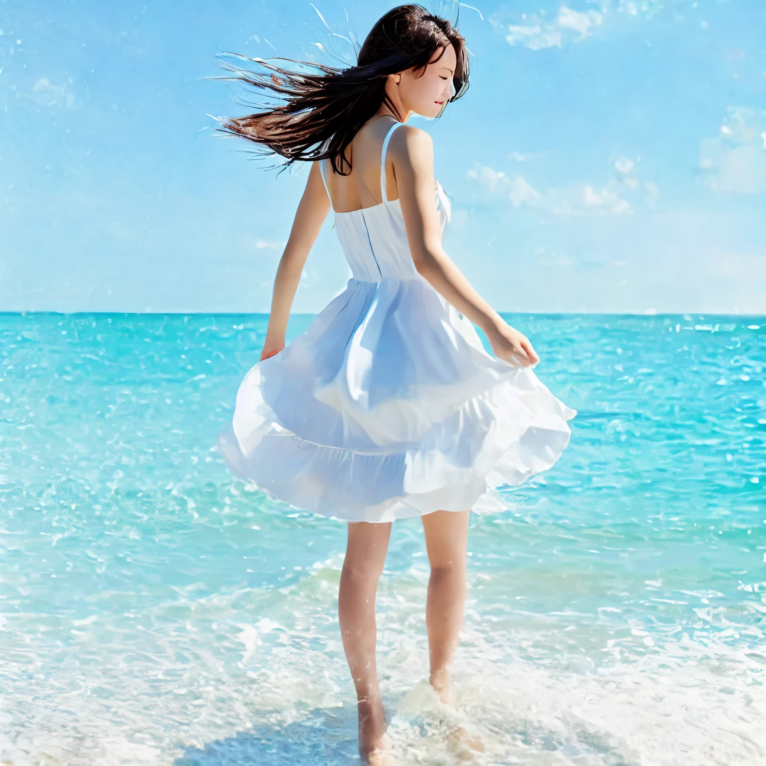 Summer seaside scene photo、One girl, alone、、Beautiful Face、Short Hair、Blowing in the Wind、Wearing a white sleeveless mini dress、Frolic with the waves、Blue sky and white clouds、Beautiful sea、Photorealism、Detailed Description、Artistic photography、(Highest quality, masterpiece, High resolution)、4K、wallpaper、
