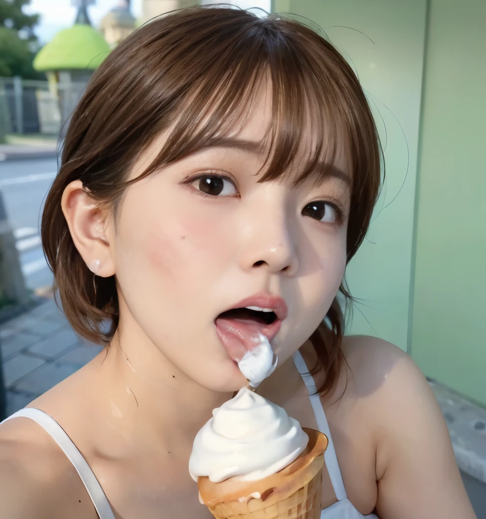 Browsing Caution、Highest quality、8k、masterpiece、Ultra-high resolution、クリアなphotograph、リアルなphotograph、Realistic、Professional Lighting、Natural light、photograph、Very cute girl、Short Bob Hair、Brown Hair、Sexy Face、(Open your mouth、Put the soft serve ice cream in your mouth:1.8)、Apply cream to face:1.6、(Apply milk on the face:1.4)、Face close-up