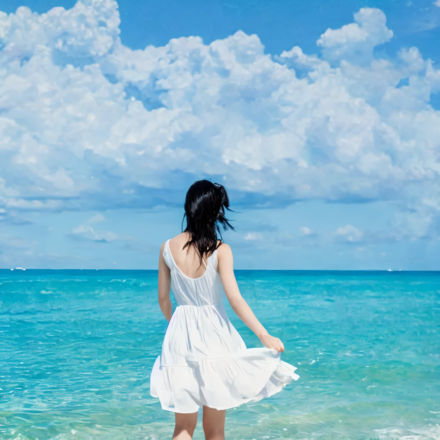 Summer seaside scene photo、One girl, alone、17 years old、Beautiful Face、Short Hair、Blowing in the Wind、Wearing a white sleeveless mini dress、Frolic with the waves、Blue sky and white clouds、Beautiful sea、Photorealism、Detailed Description、Artistic photography、(Highest quality, masterpiece, High resolution)、4K、wallpaper、
