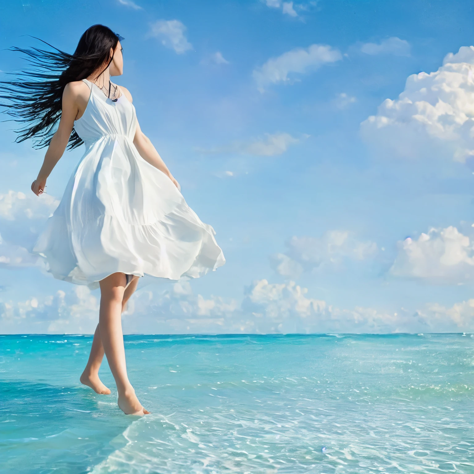 Summer seaside scene photo、One girl, alone、17 years old、Beautiful Face、Short Hair、Blowing in the Wind、Wearing a white sleeveless mini dress、Frolic with the waves、Blue sky and white clouds、Beautiful sea、Photorealism、Detailed Description、Artistic photography、(Highest quality, masterpiece, High resolution)、4K、wallpaper、
