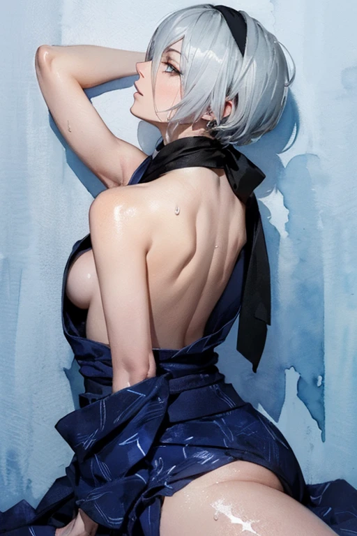 {erotic face,anguish,(patience:1.1),(very ecstasy:1.2),(writhing:1.4),embarrassing,half open eye},{(blue glowing eyes:1.4),(sensual look:1.4)},BREAK,{(obscene pose:1.2),(arched back:1.2),(arch one's head:1.4)},BREAK,{(realistic photo graphic style:1.4),(watercolor image:1.4),sketch,overall light color},{(simple configuration:1.1),(profile:1.2),(look away:1.2)},{(simple light_blue background:1.4),(Variegated ivy crawl on the wall:1.4),(cast a shadow on the background:1.4)},BREAK,{(fower pattern on pearl_colored yukata:1.4),(disheveled yukata:1.4)},BREAK,{(clavicle:1.2),(cleavage between breasts:1),(shoulder:1.2),(thigh:1.4),(armpits:1),(sweat on the neck:1.2),Fascinating nape},BREAK,{(solo, YoRHa type of Nier Automa):1.2, (white_silver colored hair:1.4), short cut hair, (blue glowing eyes:1.4),(black bandana in hair:1.5)},BREAK,{(masterpiece,best quality, 8K UHD, extremely detailed CG, detailed beautiful face and eyes and skin and hair)}