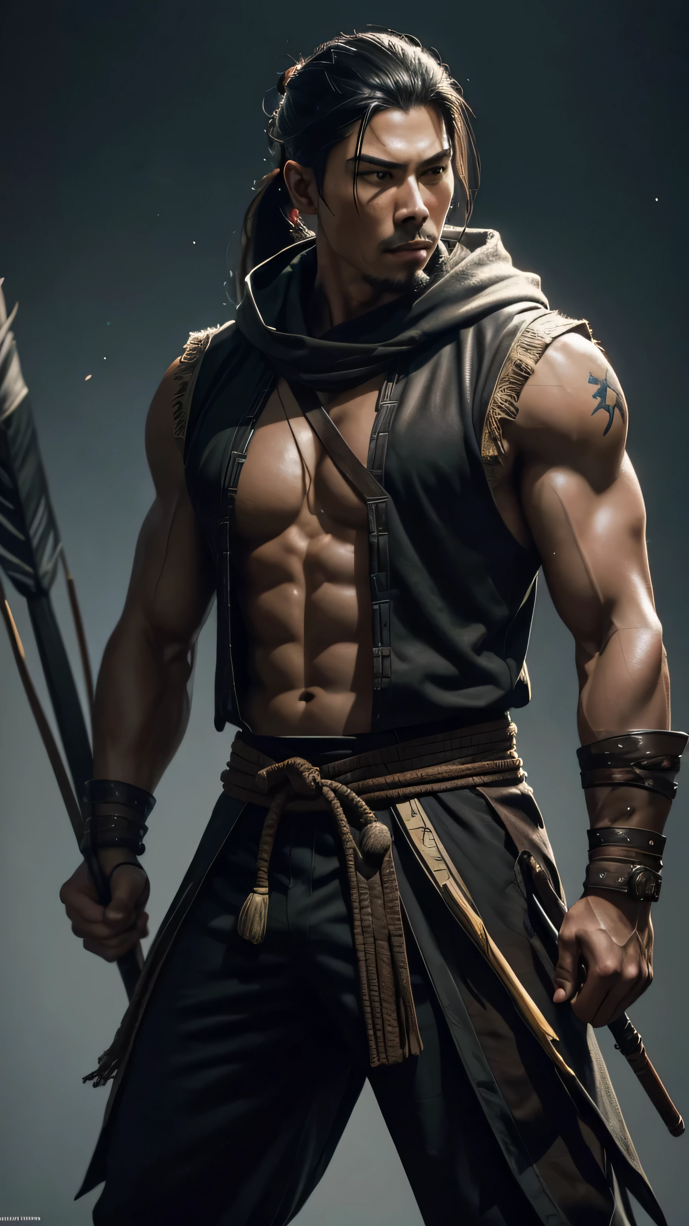 (Lewis Tan) as Kung Jin from Mortal Kombat, black long ponytail, dark brown traditional martial arts sleeveless vest, dark brown traditional martial arts pants, dark brown loincloth, hoding (bow), (arrows), (bronze helmet), (insanely detailed, beautiful detailed face, masterpiece, best quality), cinematic lighting, 1man, solo, full body view, front view, looking at viewer, intricate, high detail, sharp focus, dramatic, photorealistic painting art by greg rutkowski