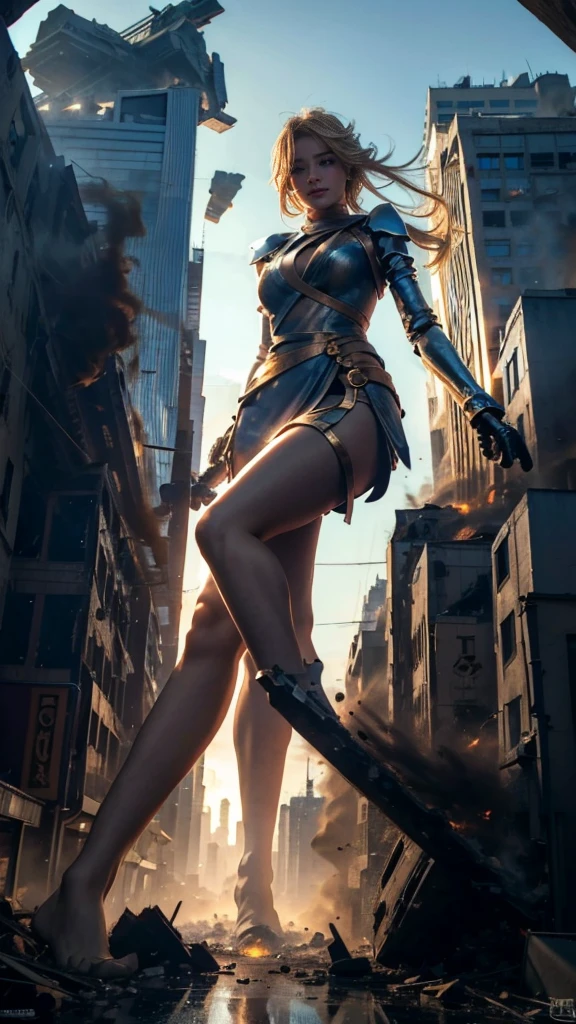 (giant girl elements, high resolution, high quality, accurate body structure, detailed body) Towering giant blonde girl, 50,000 feet tall, looking up at approaching woman from below, giantess attacking city, cute, blonde, women destroying small town, destroying small town, mischievous expression, Japanese, white skin, giant blonde woman, smiling, trampling buildings, rubble, burning small town, destroyed small buildings, collapsed highway, cars being crushed, evacuation of residents, sunset, burning small town, please, walk, trample, anatomically correct, accurate human body, accurate skeleton, full body portrait, blue eyes, rubble scattered at feet, taller than skyscrapers, huge impact, amazing, giantess elements, draw women big, increase destructive elements, make city small