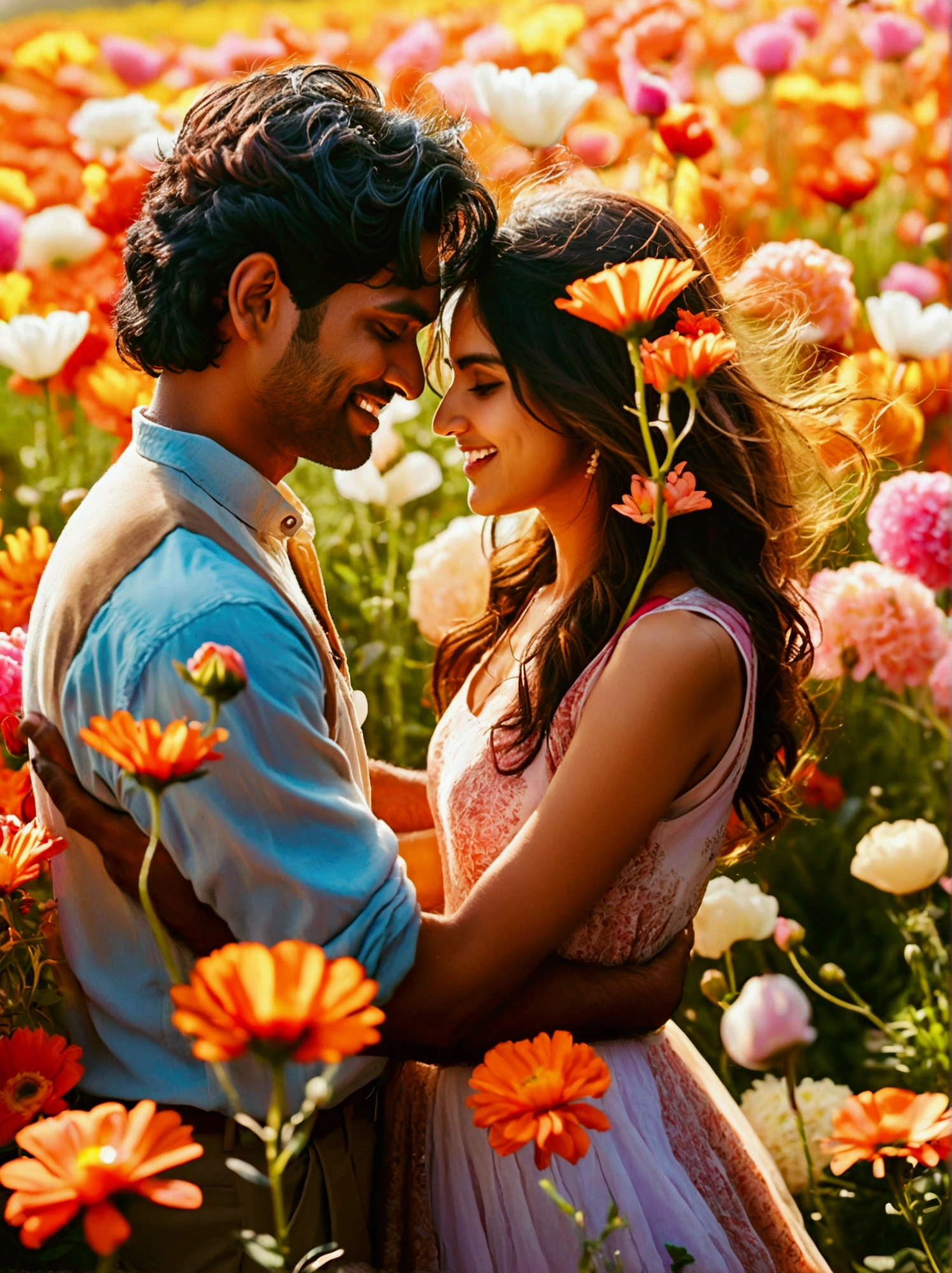 A South Asian man lifting a Caucasian woman into the air amidst a flower field alive with vibrant hues. Their facial expressions radiating love and joy, painted with warm, sun-kissed colors. Their playful and romantic interaction seems frozen in time, appearing all the more enchanting as if captured through the lens of a vintage film camera. A bokeh effect accentuates the couple whilst imbuing the scene with a dreamlike atmosphere. This romantic image is full of charm and exudes tranquility.