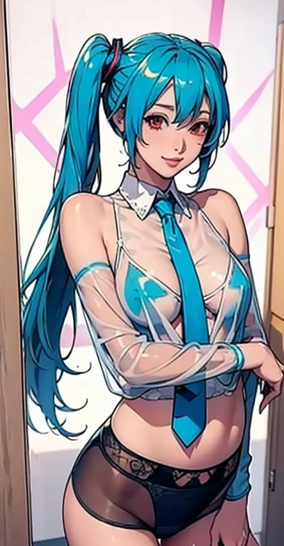 masterpiece, hatsune miku, 32K, (See-through shirt)Blue tie, Exposing shoulders, The sleeves are separated, Evil Smiley Face, Dark Skin, Red eyes, Iris, Pupil orange,Showing her panties,