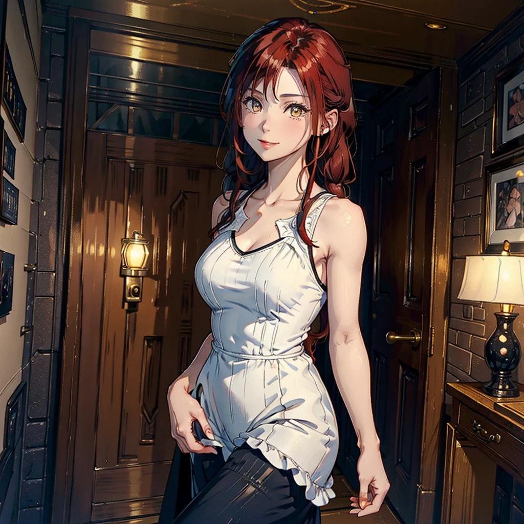 (((A woman))), (natural redhead), honey yellow eyes, by the wide, (small braids), bright smile, detailed eyes, chest a little big, detailed body, beautiful body, detailed clothing, black jumpsuit skirt, a white blouse, head on, greeting, flirtatious look, standing in the entrance of an apartment type house with the door open, Whole body, 4k, HD, Super detailed, masterpiece, The best, Shadows, Lights, hunting, varied color palette.