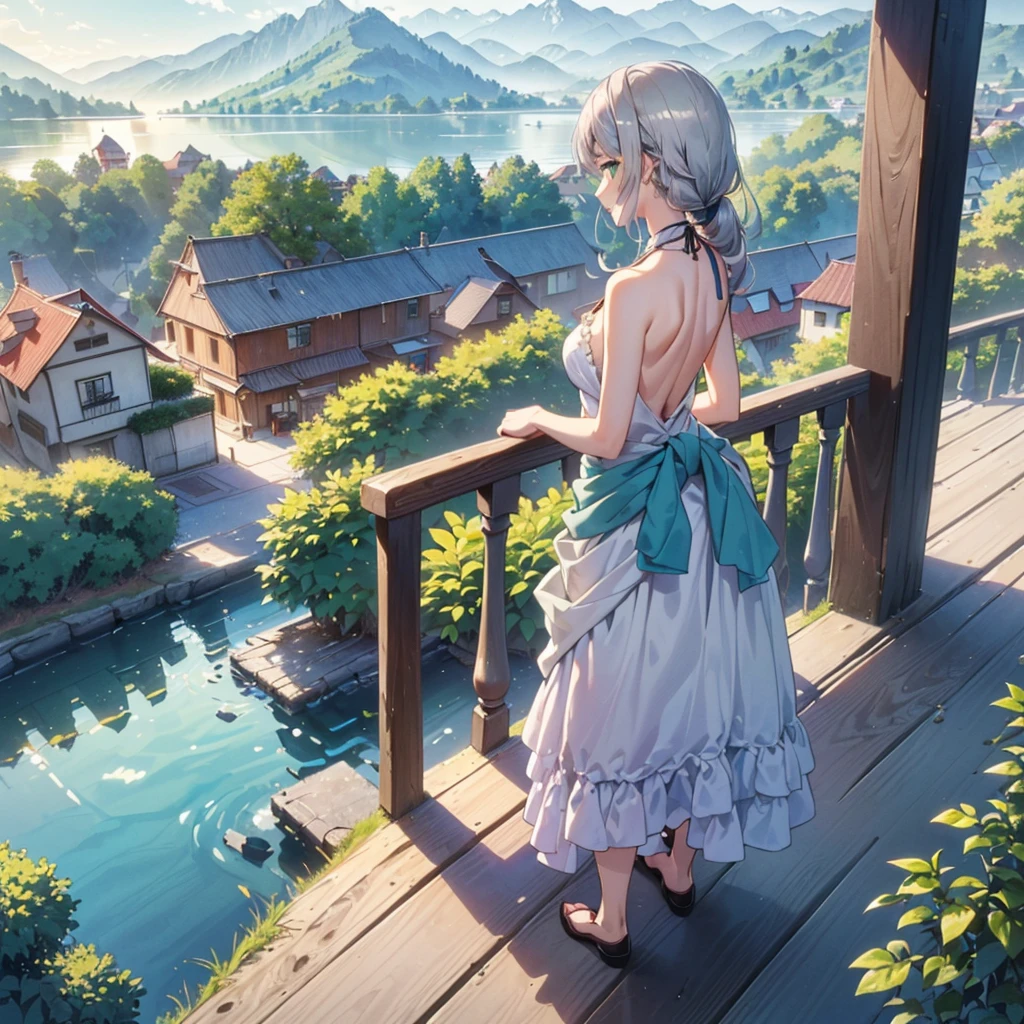 ((Highest quality)), ((masterpiece))、(The morning sun shines in、Delicate and beautiful)、(Early morning mist、Building in the mountains、Two Women)
(background(View from the mountain、You can see the lake at the foot of the mountain and the town and forest that spread out along its shores.、The morning sun shines through, revealing the mysterious beauty of the place.、The sea is visible in the distance))、
((prospect(Two people、Terrace without railing、テラスの上にOld womanとGirl))、(Old woman、(detailed)(Long grey hair mixed with white hair、Hair hangs down the back and is tied around the waist、In a dress))、(Girl、(detailed)(Silver long hair、Blue-green eyes、Hair hangs down the back and is tied around the waist、Lively、In a dress、casual))、(Old womanから教えを受けている、Being reprimanded)