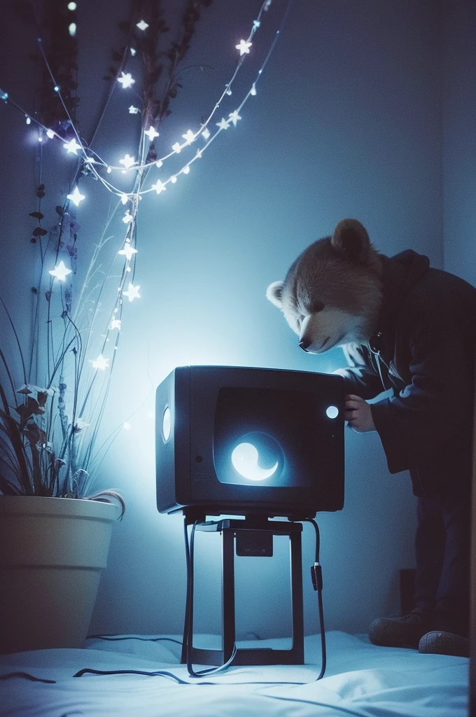 ((deep in the night、mid night、early dawn、In a dream、Images in a dream))、((big room、Room Flower Garden、Stuffed bear in the middle、TV On、TV only、blue lights))、((Nostalgic but unsettling photos、Images in a dream、image、horor、Pretty dark image、Grainy photo、Film Touch、color photograph))、,Wide Shot, ultra wide-angle,
