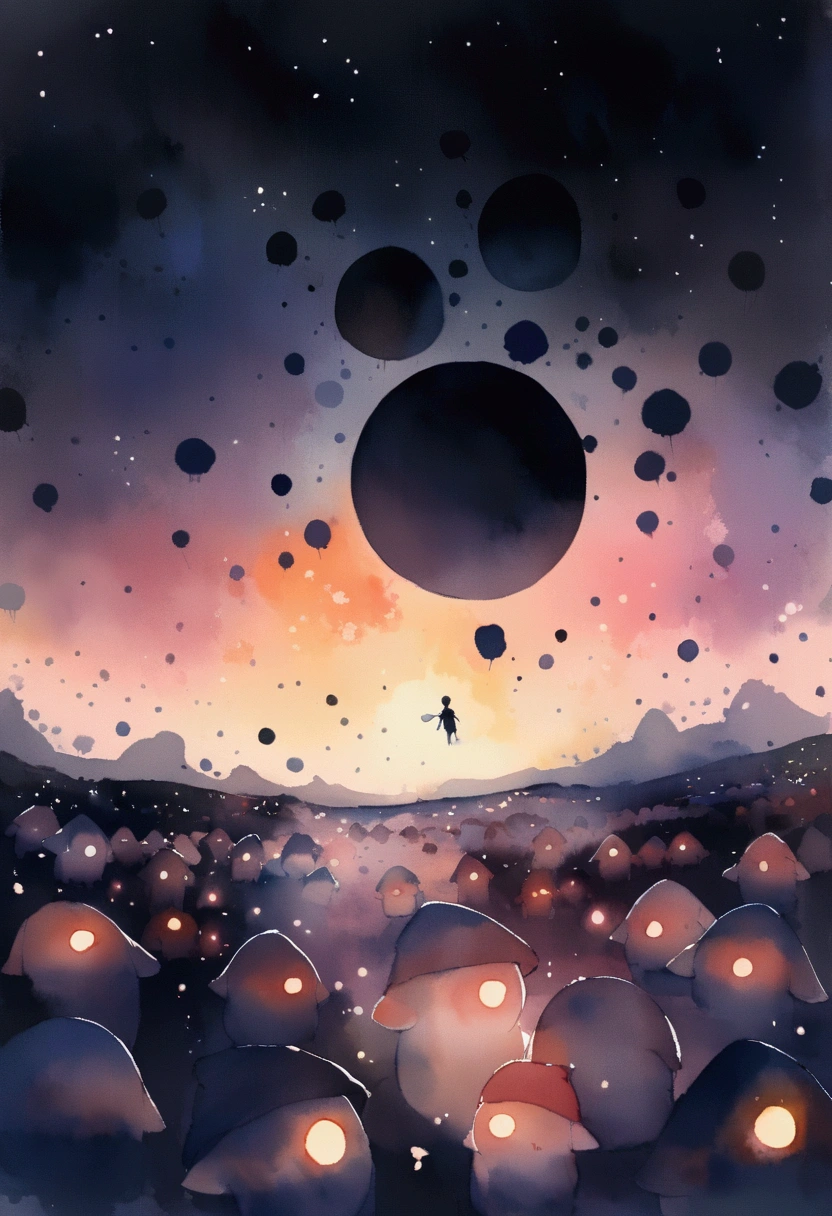 the ground is white。Lots of little glowing gnomes。A black sphere watching it。Watercolor。