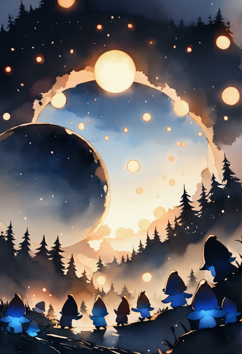 the ground is white。Lots of little glowing gnomes。A black sphere watching it。Watercolor。