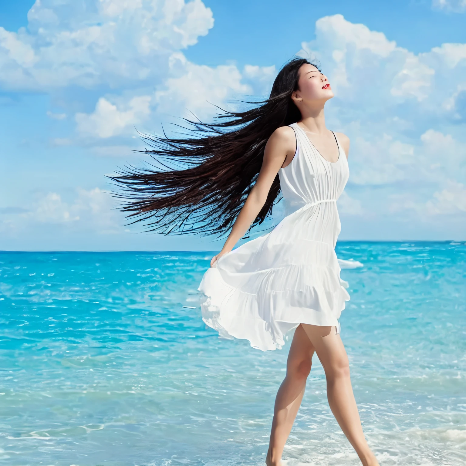 Summer seaside scene photo、One girl, alone、、Beautiful Face、Short Hair、Blowing in the Wind、Wearing a white sleeveless mini dress、Frolic with the waves、Blue sky and white clouds、Beautiful sea、Photorealism、Detailed Description、Artistic photography、(Highest quality, masterpiece, High resolution)、4K、wallpaper、
