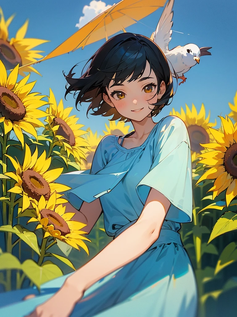 master piece, best quality, for below, cinematic angle, upper body , pigeon toed,
Anime-style Moe illustration, summer vacation theme, 20-year-old 4womans holding a bouquet of sunflowers, short hair,
Picnic Maxi Dress, slightly inner thighs, smile, accurate drawing, Active pose,