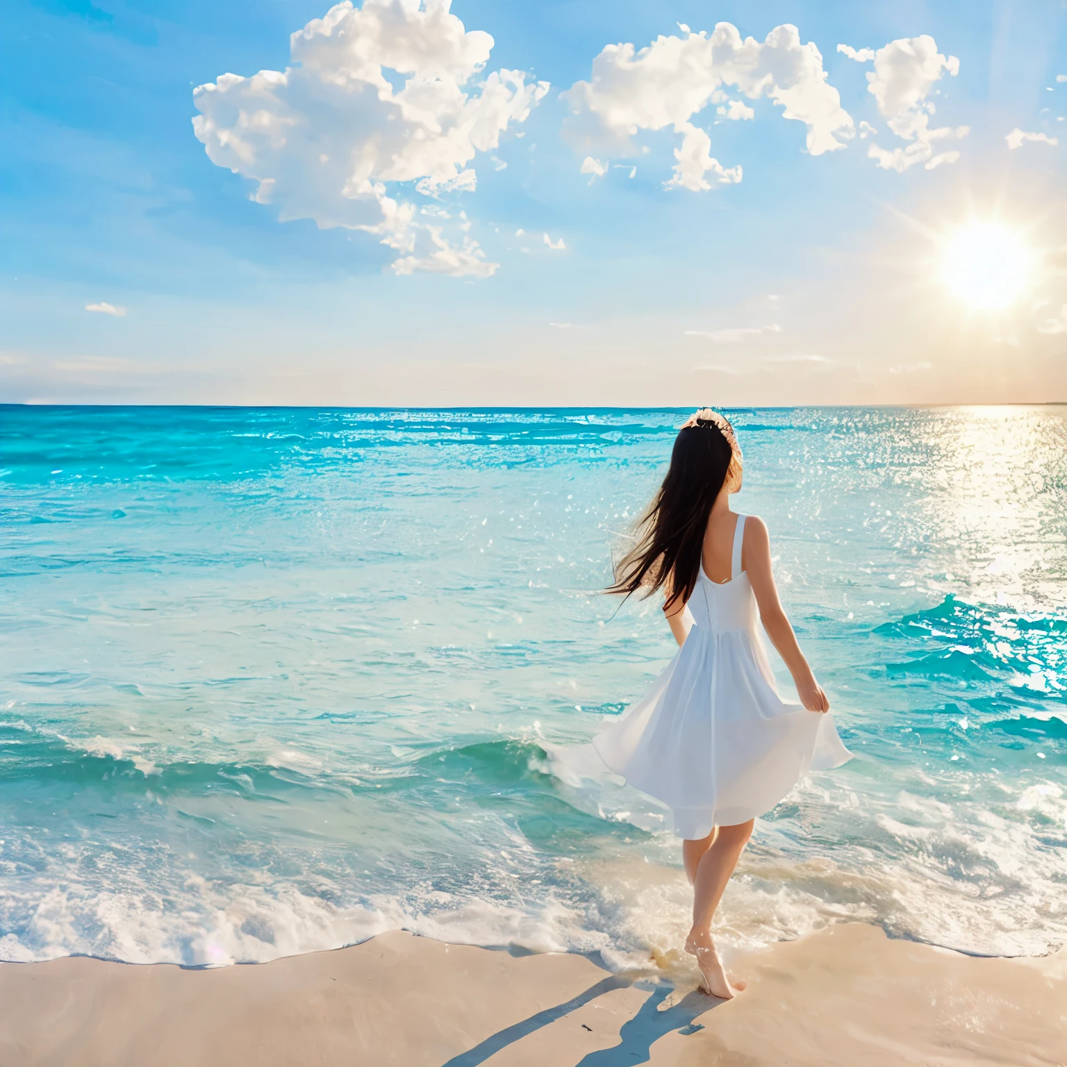 Summer seaside scene photo、One girl, alone、、Beautiful Face、Short Hair、Blowing in the Wind、Wearing a white sleeveless mini dress、Frolic with the waves、Blue sky and white clouds、Beautiful sea、Photorealism、Detailed Description、Artistic photography、(Highest quality, masterpiece, High resolution)、4K、wallpaper、
