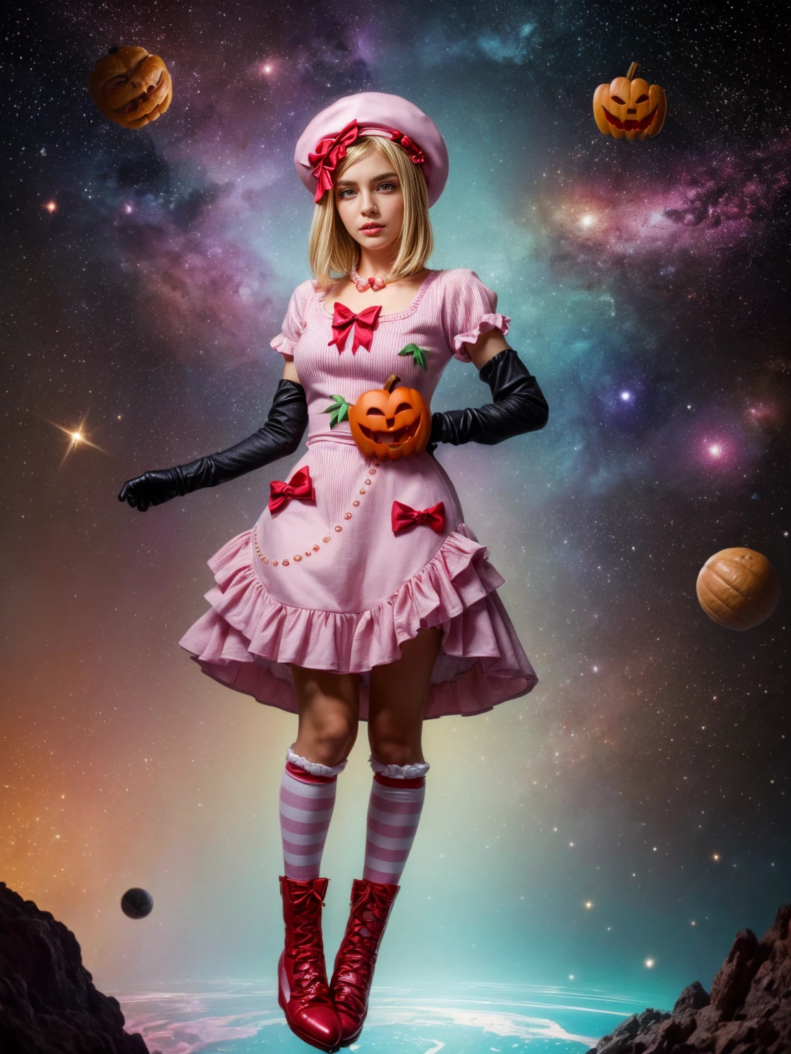 (1 lady), The beautiful, (Best quality at best:1.4), (ultra - detailed), (extremely detailed CG unified 16k), gold blonde hair, very detailed, High-definition RAW color photo, professional photoshooting, amazing face and eyes, cosmetics, (amazingly beautiful girl), ((lambdadelta, taller, tall woman)), ((dress, shoes bow, red shoes, striped stockings, red bow, pink hat, necklace, gloves, pearl, pumpkin brooch, pink dress)), levitating in a cute posture (floating in the air), (She's levitating in a cosmic sea, outer space:1.3, quantum hyperspace room lacking walls, hyperspace chamber, extremely detailed background, a lot of details background, realistic outer space background with stars quasars and cosmic bodies, brighter background), (look from above), realistic cinematic face, head to feet long wide zoomed out view, full body long view, photorealistic, ((realistic natural blonde hair style, red eyes)), gorgeous, extremely beautiful face, perfect model beauty, pout mouth, Highly Detailed Face and Skin Texture, Detailed Eyes, Double Eyelids, Big Breasts, Persistent Stare, Faith Trance, (mystical stare, looking eternity), (masterpiece), best quality, high resolution, depth of field, cinematic lighting, amazing legs, pink combat boots, clear and well-cared skin