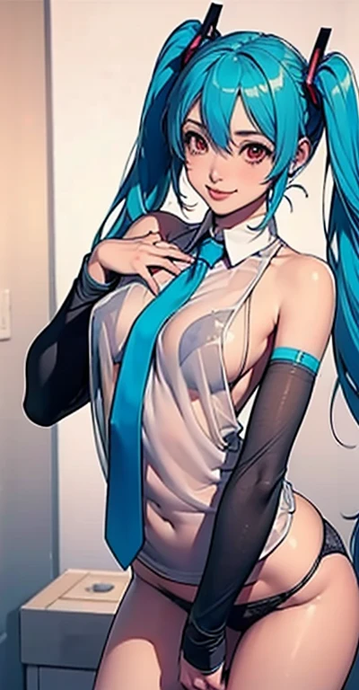 masterpiece, hatsune miku, 32K, (See-through shirt)Blue tie, Exposing shoulders, The sleeves are separated, Evil Smiley Face, Dark Skin, Red eyes, Iris, Pupil orange,Showing her panties,