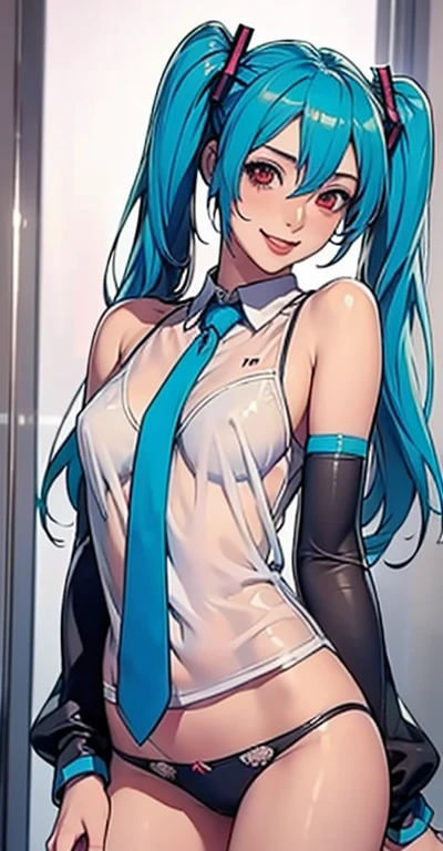 masterpiece, hatsune miku, 32K, (See-through shirt)Blue tie, Exposing shoulders, The sleeves are separated, Evil Smiley Face, Dark Skin, Red eyes, Iris, Pupil orange,Showing her panties,