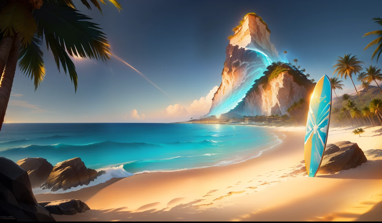 There is a surfboard on the beach，Beach with palm trees and rocks, Palm groves，Beach Background, golden sun, Magical Beach, sunny, Relaxation concept art, Sparkling sea, Diablo concept art，Beauty，HD