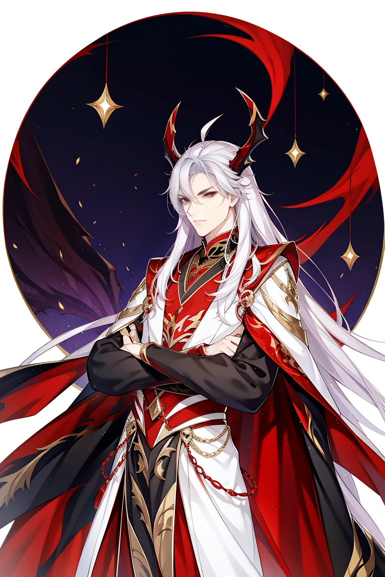 Dragon man, wearing a black Hanfu with red dragon patterns and gold edges highlighting the aura of a leader, long sword, dragon's golden eyes, long white hair, a half-human half-dragon with golden horns, night, dark sky full of purple stars, red moonlight, Asian architecture, best quality, 16k, masterpiece, detailed face drawing, with two arms and two legs, manhua character.