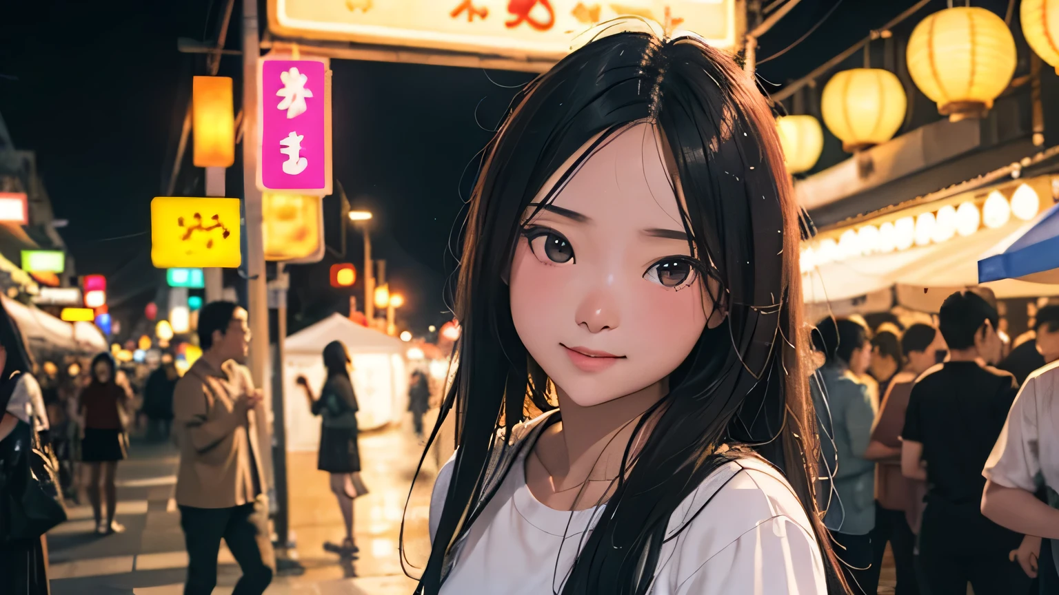 (best quality), (masterpiece), a background image for Lofi Music with a Laos girl, (Laos girl:1.1), (Lofi Music:1.3), (serene expression:1.3), (ray tracing:1.3), (realistic:1.5), Smiling look, Vietnam Night Market, glowing lanterns illuminating the streets, vendors with bright neon signs, a lively crowd with warm smiles, the vibrant colors of traditional crafts, and the aroma of street food drifting through the air, capturing the essence of night life