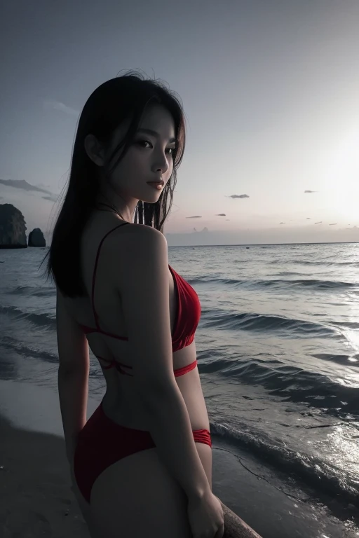A beatiful girl and the man xi no cloth in midnight full southhern black and white cloth the sea thailand the full moon red colour background full hd 14 K